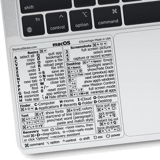 Mac OS Shortcuts Sticker | Keyboard Stickers for Macos | Laminated Vinyl Macbook Cheatsheet for Laptop | Macbook Shortcuts 2025 (Clear/Black)